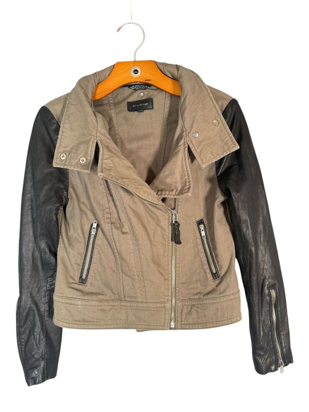 Mackage Green Black Moto Jacket Lamb Leather Sleeves Fitted S - Picture 3 of 8